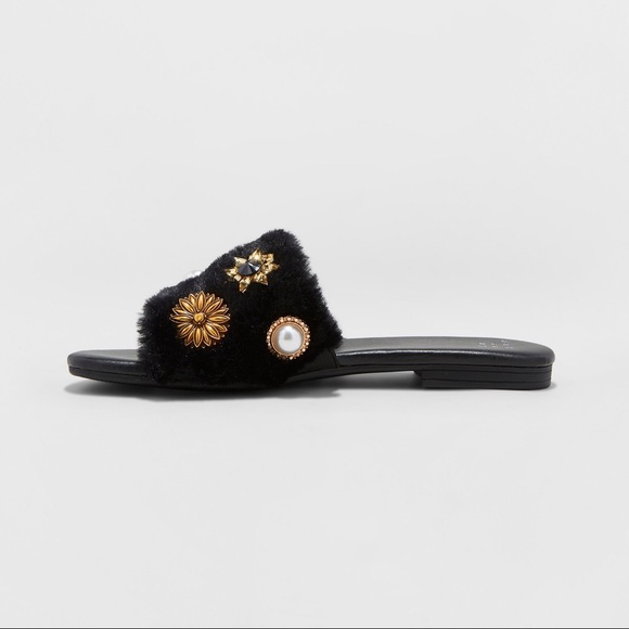 Women's Rose Brooch Faux Fur Slide Sandals -B3 - Picture 5 of 7